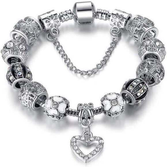 Elegant Silver Tone Heart Charm Bracelet with Crystal & Glass Beads in Gift Box - Picture 1 of 4